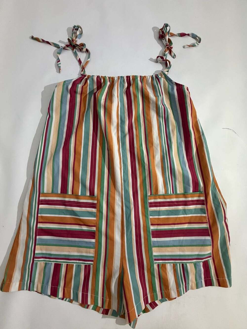 SHEIN Colorful Vertical Stripe Romper Tie Straps Pockets Womens M